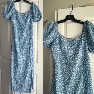 Blue Floral Puff Sleeve Dress Size Small White Flowers SHEIN